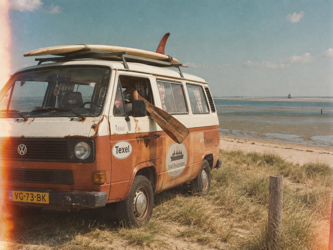 Roestige oranje-witte VW-bus met surfplank en houten roer op een Texelse duin
